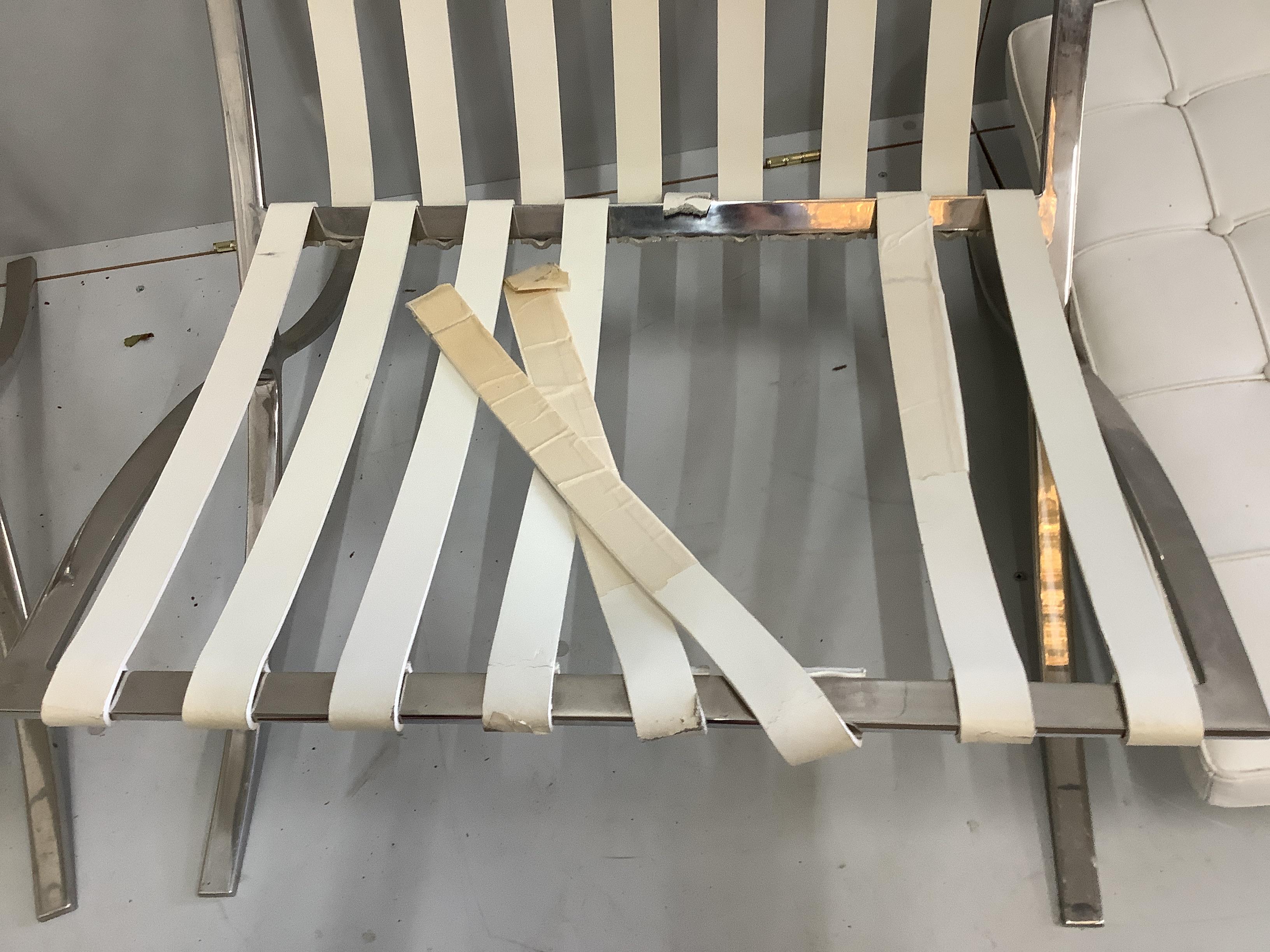 A pair of Barcelona style chrome and white leather chairs, width 78cm, depth 78cm, height 85cm